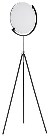 Moderne LED-Stehleuchte mit rundem Lampenschirm und dreibeinigem Stativ, Frontalansicht