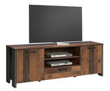 TV-Lowboard aus Holz in rustikalem Design mit zwei Türen und offenen Regalfächern, frontal abgebildet.
