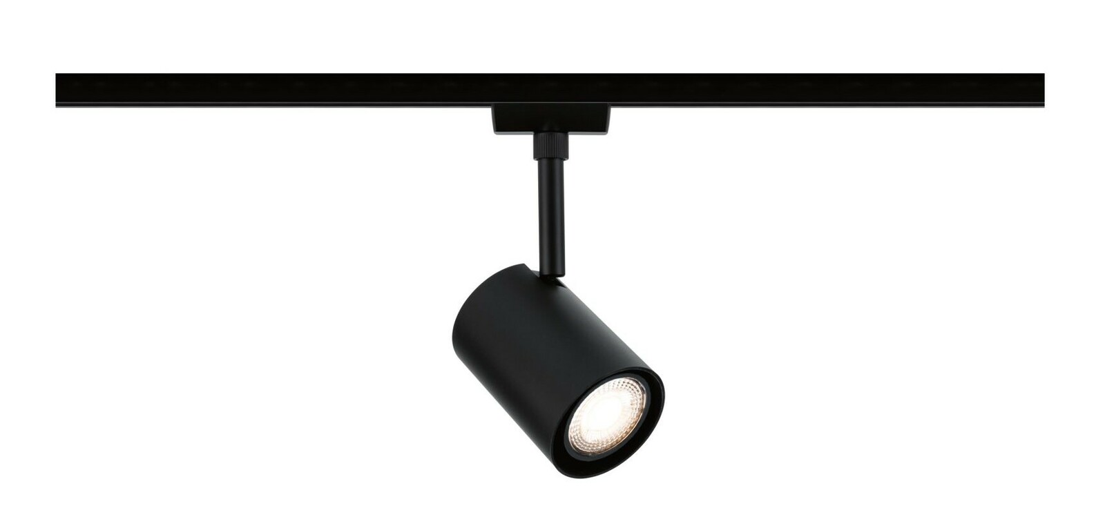 Schwarzer Schienenspot Luxe, seitliche Perspektive, montiert an einer Schiene, mit leuchtendem Licht.