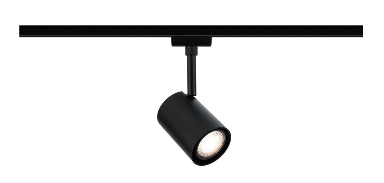 Schwarzer Schienenspot Luxe, seitliche Perspektive, montiert an einer Schiene, mit leuchtendem Licht.