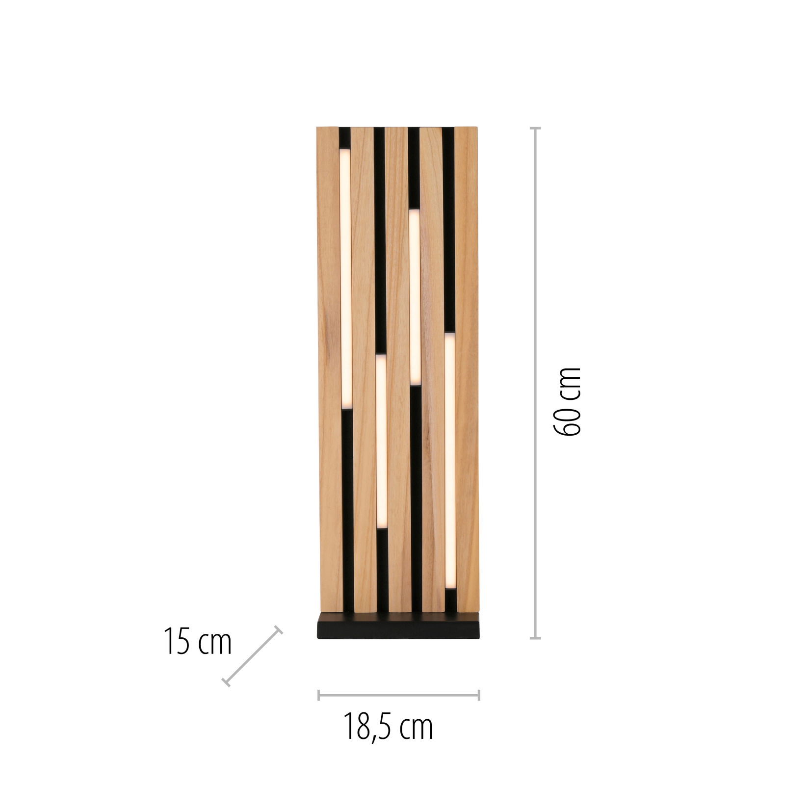 LED-Tischleuchte aus Holz mit vertikalen Streifen, Vorderansicht
