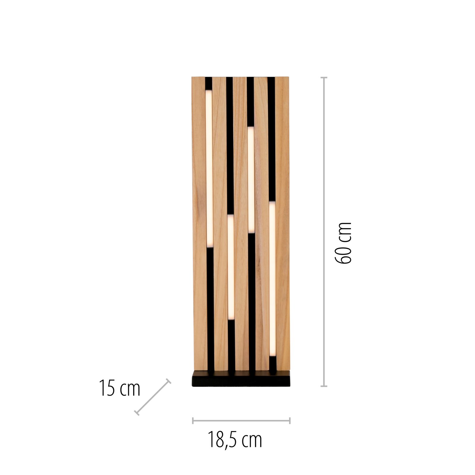 LED-Tischleuchte aus Holz mit vertikalen Streifen, Vorderansicht