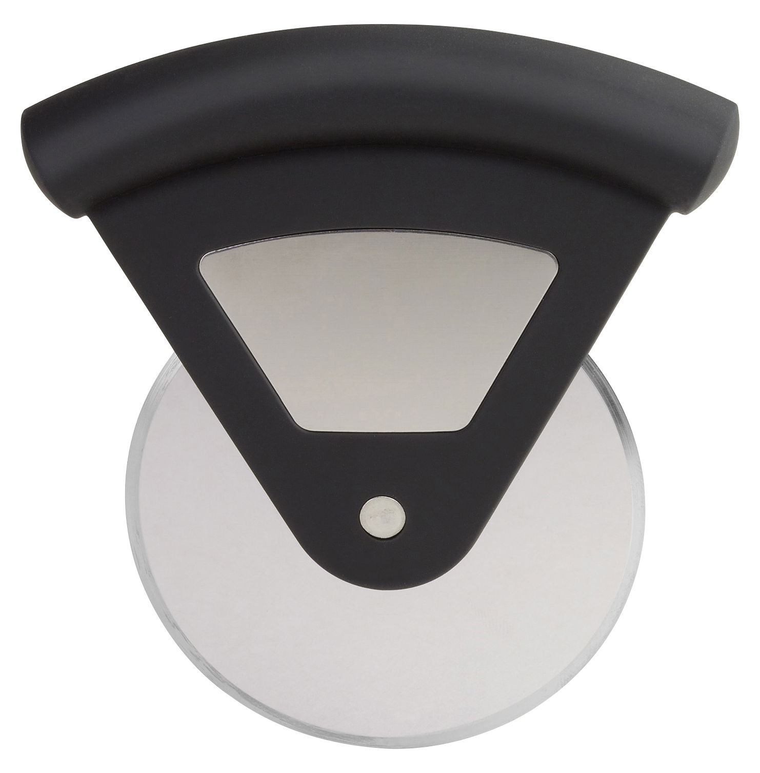 Pizzaschneider mit schwarzem Griff und silberner Klinge, Draufsicht