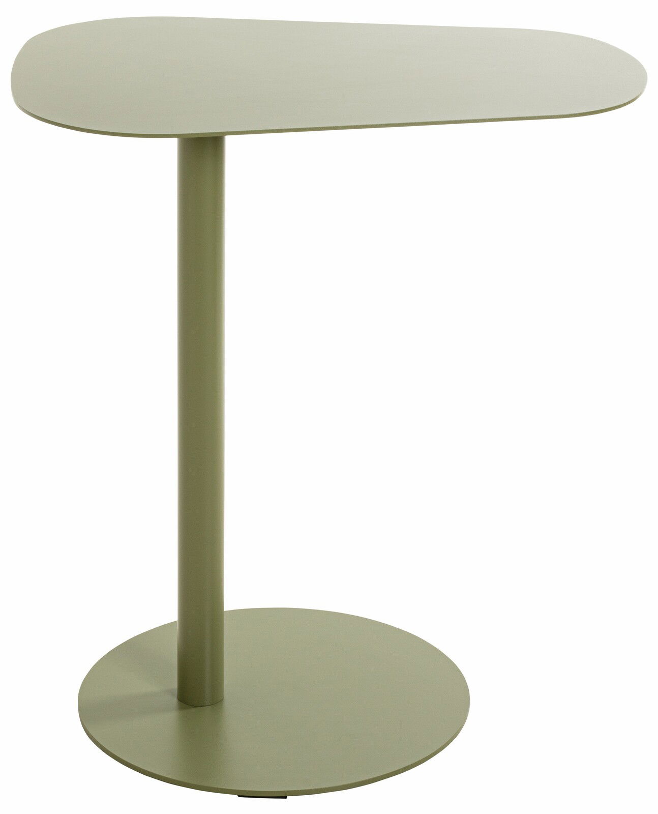 Moderner Beistelltisch in hellem Olivgrün, seitliche Perspektive