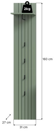 Frontansicht einer schlanken, salbeigrünen Wandgarderobe mit schwarzem vertikalem Liniendesign, vier Haken und oberem Ablagebrett; Maße ca. 160 x 31 x 27 cm, Ablage belastbar bis 2 kg.