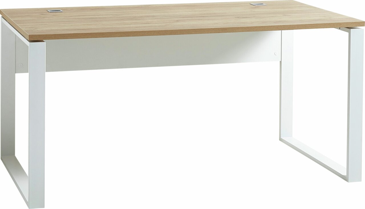 Moderner Schreibtisch mit Holzplatte und weißen Metallbeinen, seitliche Perspektive