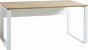 Moderner Schreibtisch mit Holzplatte und weißen Metallbeinen, seitliche Perspektive
