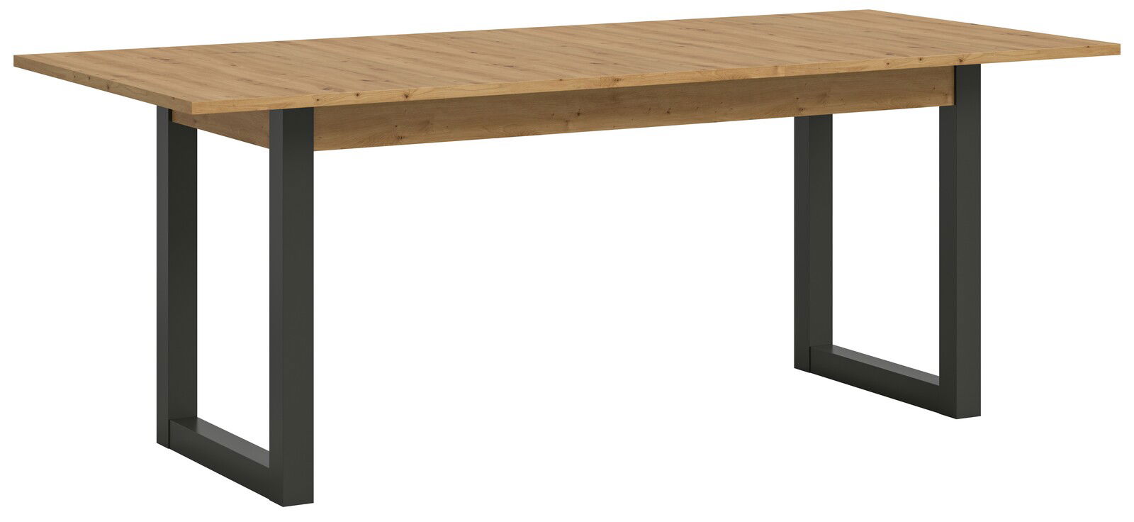 Moderner Esstisch aus Holz mit schwarzem Metallgestell, seitliche Perspektive