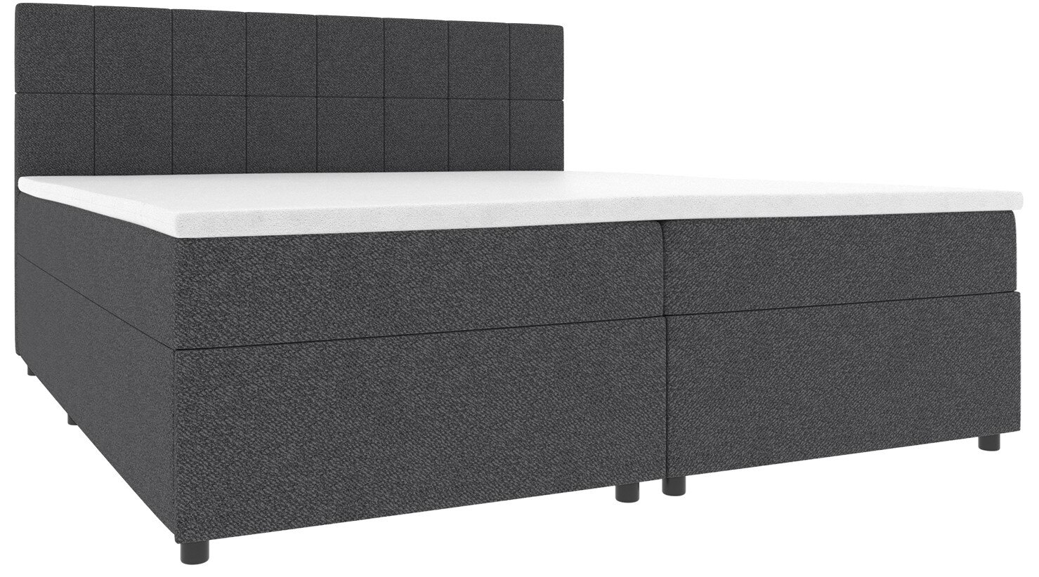 Dunkelgraues Boxspringbett mit gepolstertem, quadratisch gestepptem Kopfteil und weißer Matratzenauflage, in frontaler leicht seitlicher Ansicht