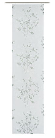 Schiebevorhang mit zartem Blattmuster in Grün auf weißem Hintergrund, frontal abgebildet.