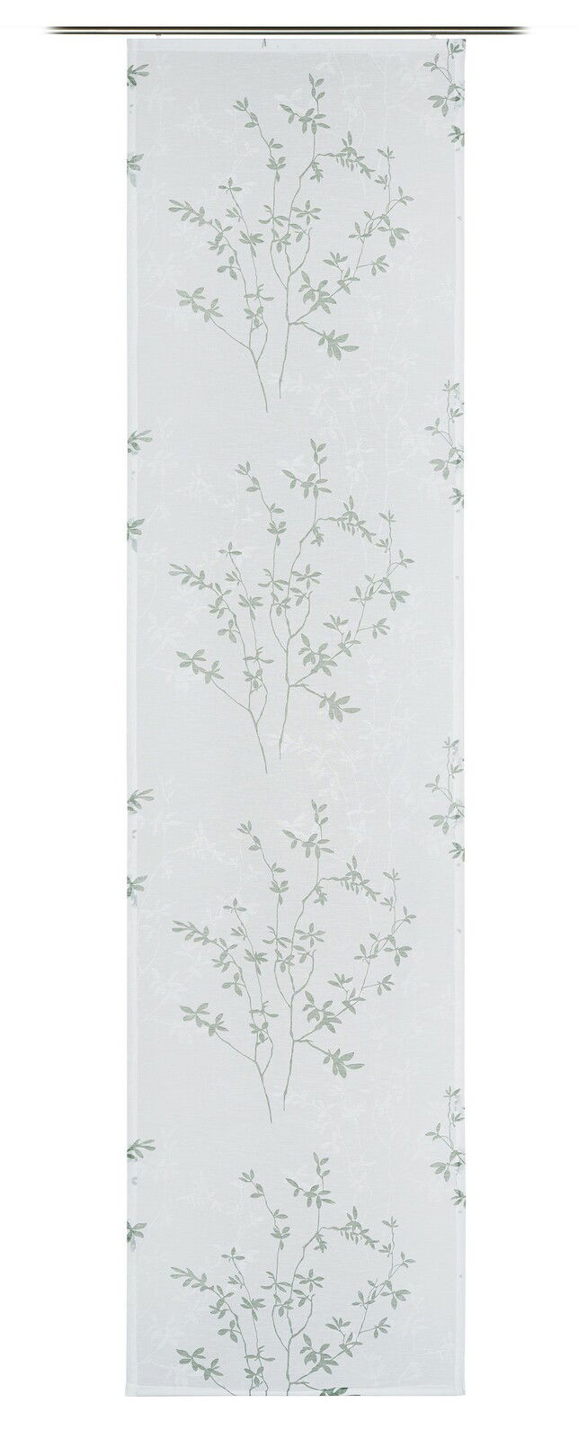 GÖZZE Schiebevorhang VICTORIA Schiebevorhang mit zartem Blattmuster in Grün auf weißem Hintergrund, frontal abgebildet.