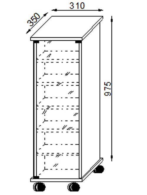 Technische Strichzeichnung eines schmalen Rollwagens/Regalwagens mit mehreren Ablagefächern, Maße ca. 310 × 350 × 975 mm, in schräger Vorderansicht (3/4-Perspektive).