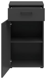 Schwarze Kommode mit einer offenen Schublade und einer offenen Tür, frontal betrachtet.