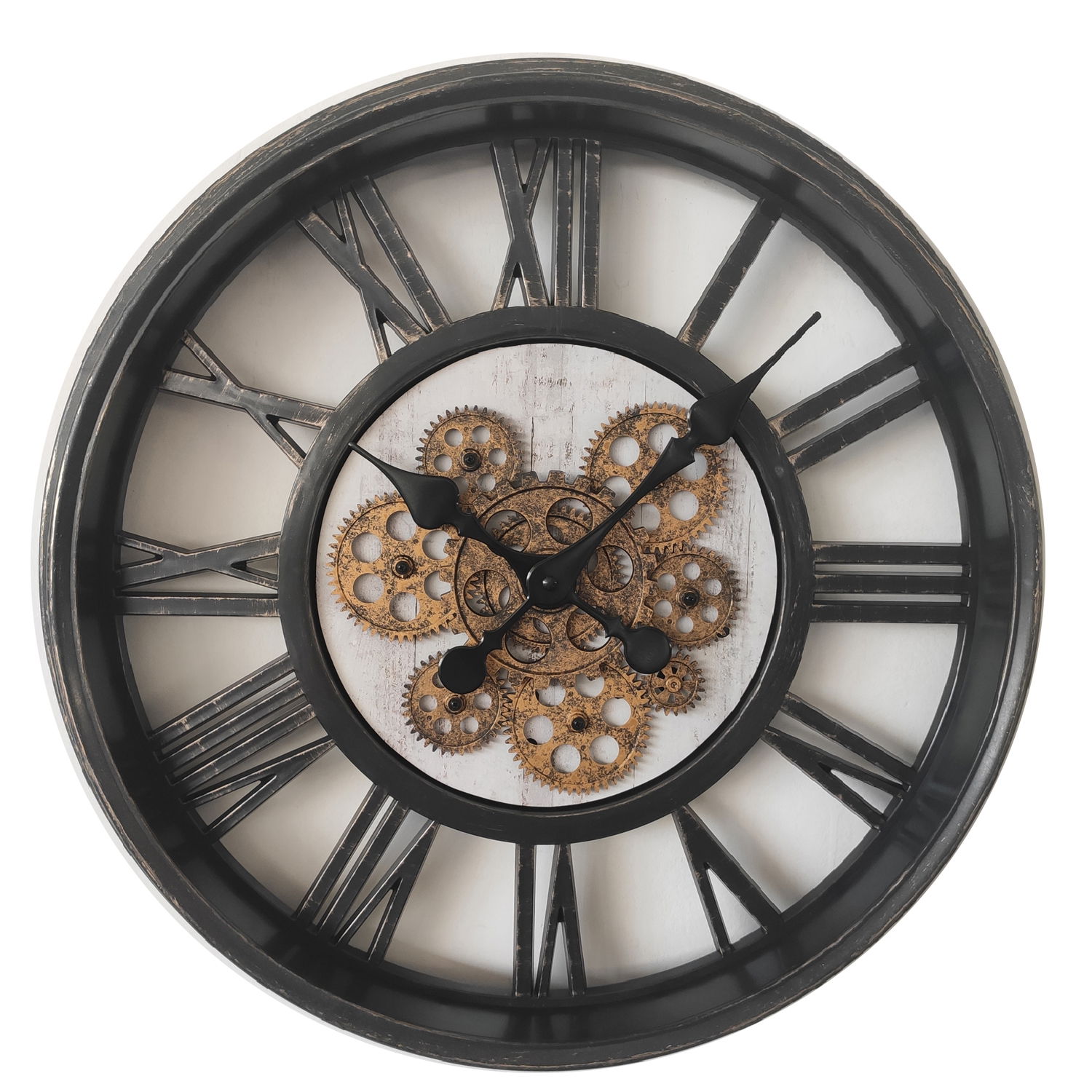 Große Wanduhr mit römischen Ziffern und Zahnrädern im Vintage-Stil, frontal abgebildet.