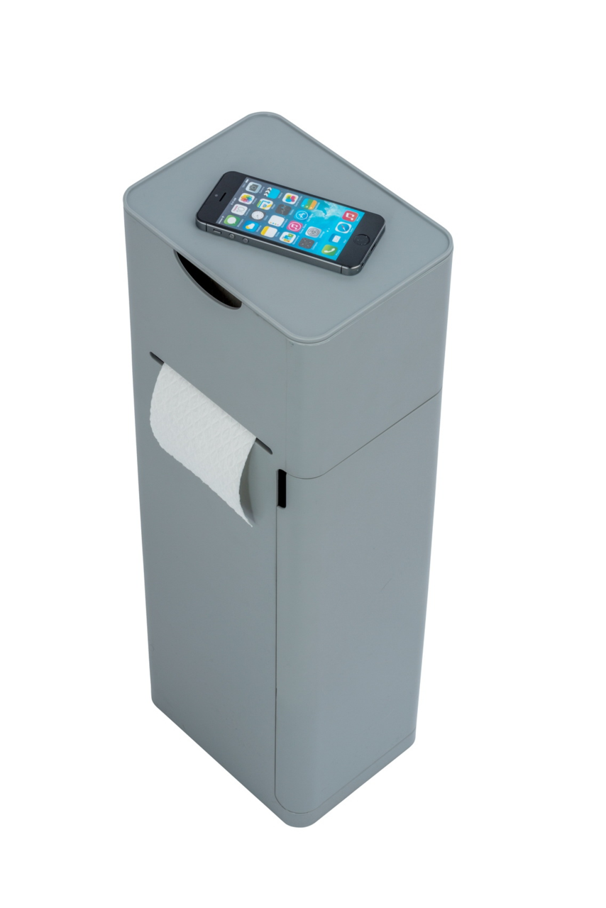 Graue 6-in-1 Stand WC-Garnitur Imon mit integriertem Toilettenpapierhalter und Ablagefläche, seitliche Perspektive