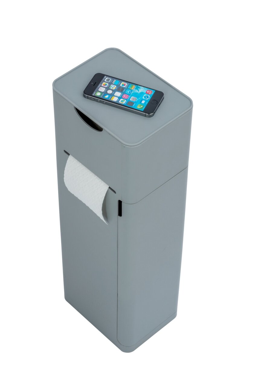 Graue 6-in-1 Stand WC-Garnitur Imon mit integriertem Toilettenpapierhalter und Ablagefläche, seitliche Perspektive