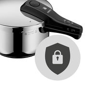Schnellkochtopf aus Edelstahl mit schwarzem Griff, seitliche Perspektive, Sicherheits-Icon im Vordergrund