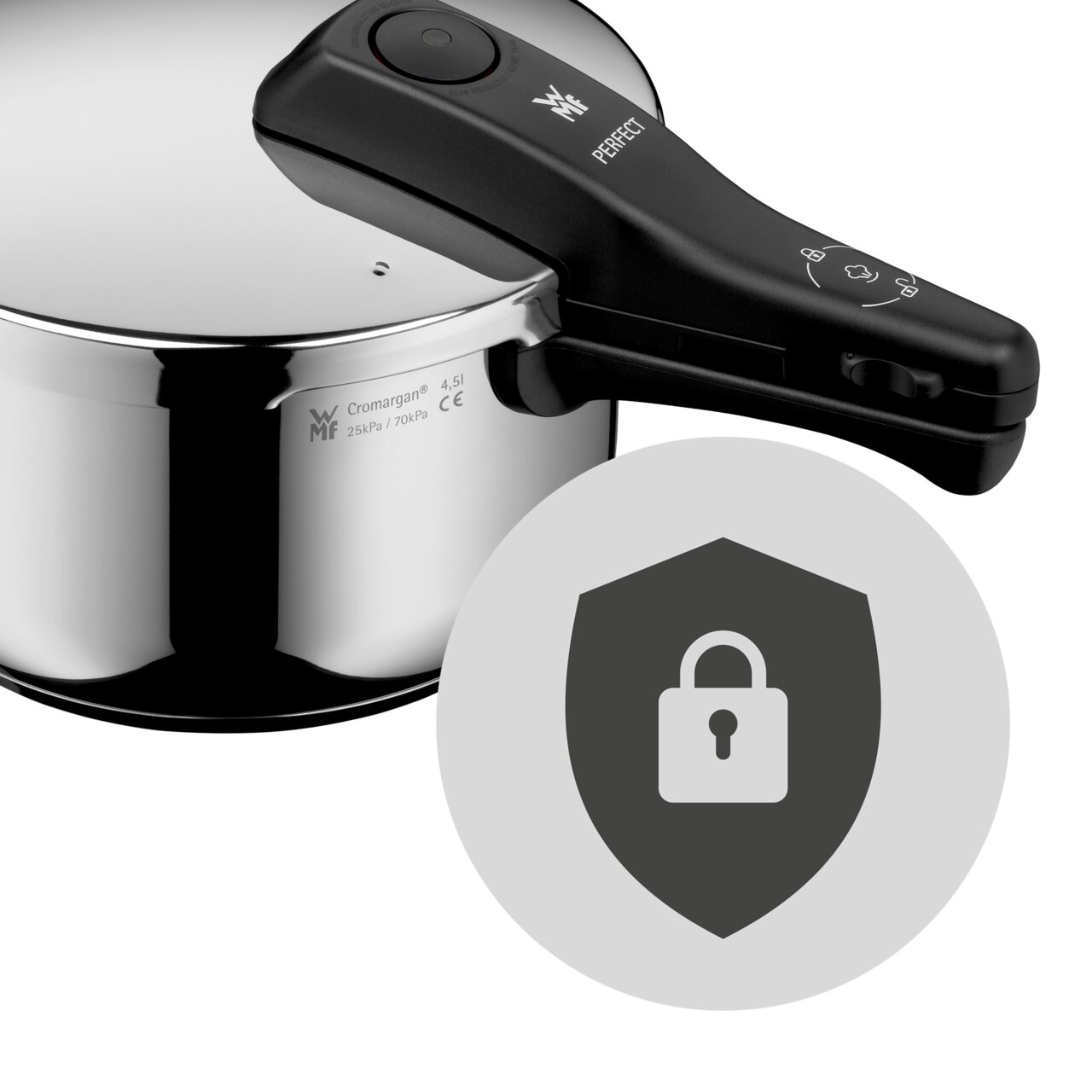 Schnellkochtopf aus Edelstahl mit schwarzem Griff, seitliche Perspektive, Sicherheits-Icon im Vordergrund