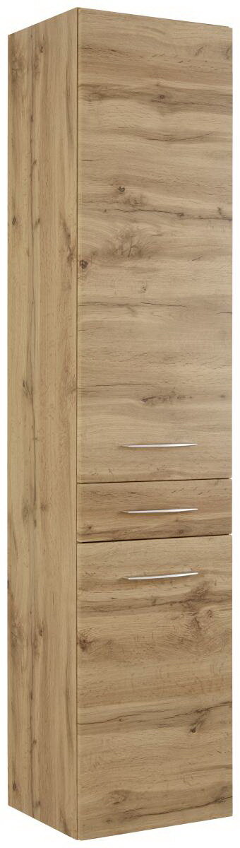 Hochschrank aus Holz in Eichenoptik, frontale Perspektive