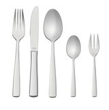 Elegantes Besteckset bestehend aus Gabel, Messer, Esslöffel, Teelöffel und Kuchengabel in Frontalansicht.