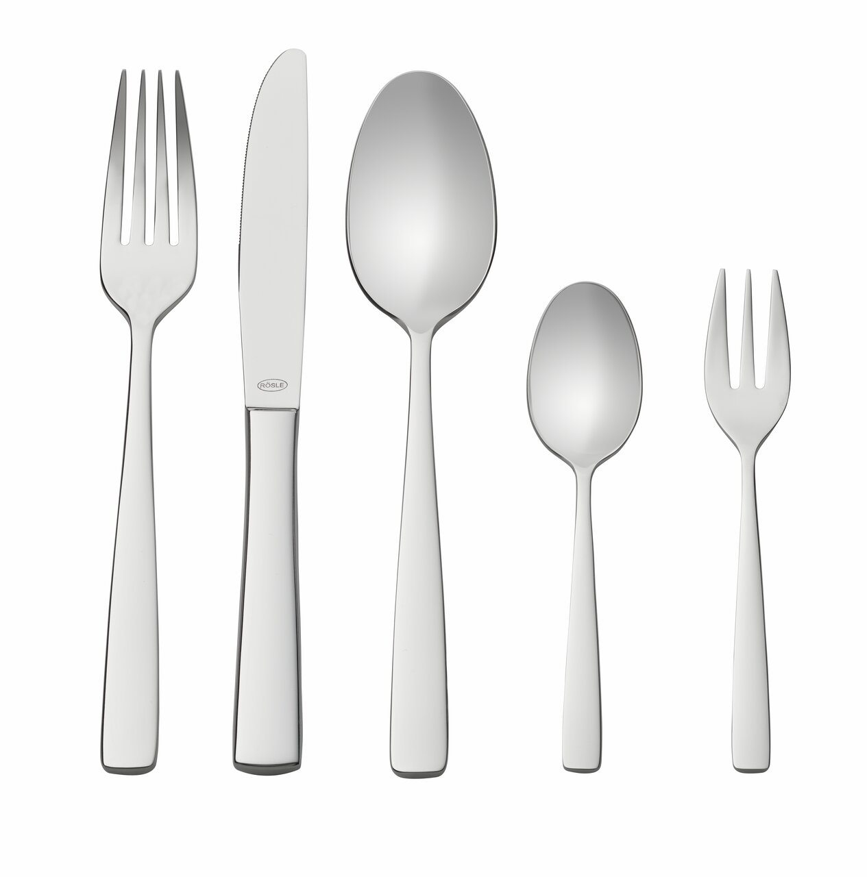 Rösle Besteck-Set 30-tlg. ELEGANCE Elegantes Besteckset bestehend aus Gabel, Messer, Esslöffel, Teelöffel und Kuchengabel in Frontalansicht.