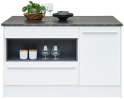 Kücheninsel in weiß mit dunkler Arbeitsplatte, dekoriert mit Pflanzen und Geschirr, Frontalansicht