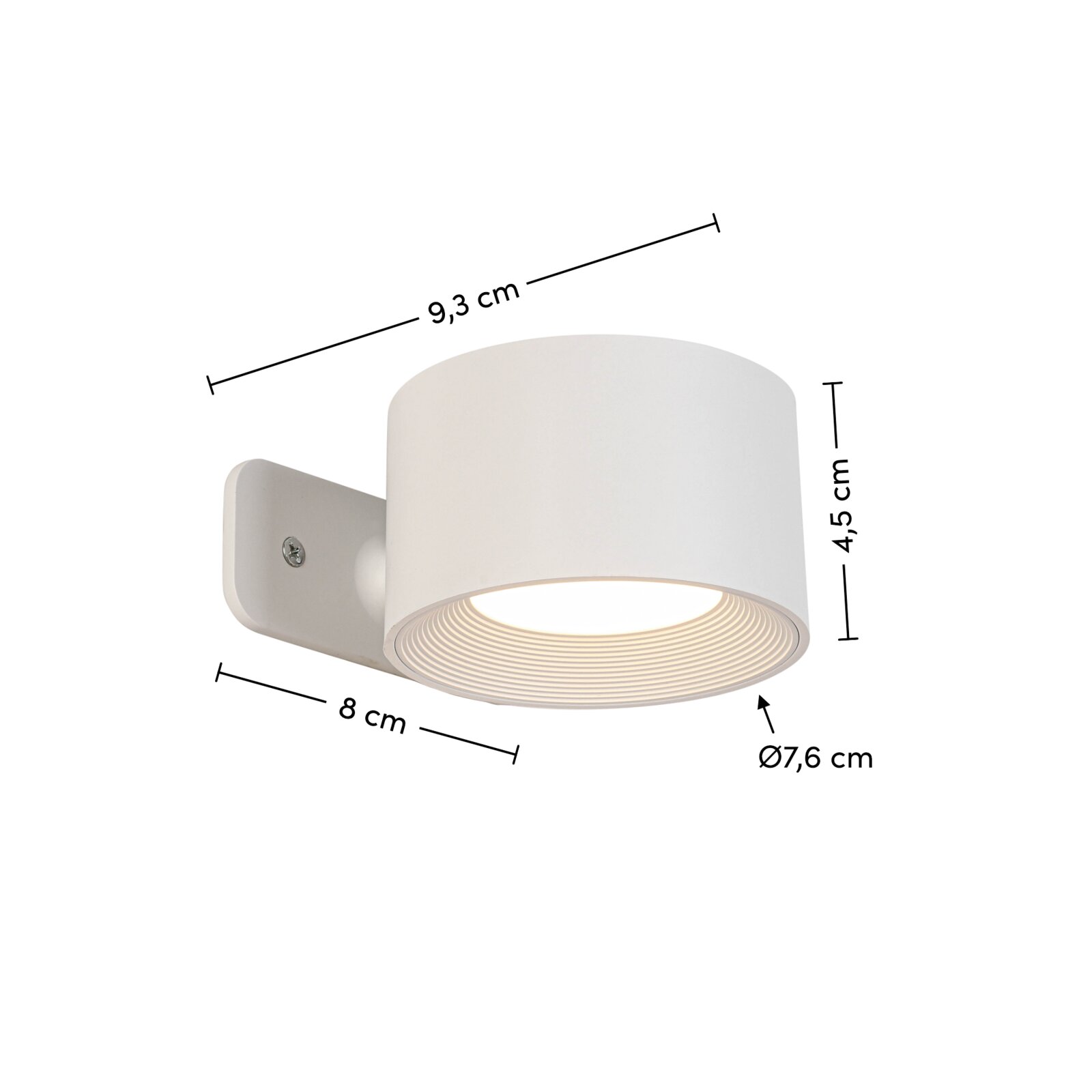 Weiße Akku-Wandleuchte mit zylindrischem Design, seitliche Perspektive, Maße: 9,3 cm Breite, 8 cm Tiefe, 4,5 cm Höhe, Durchmesser 7,6 cm.