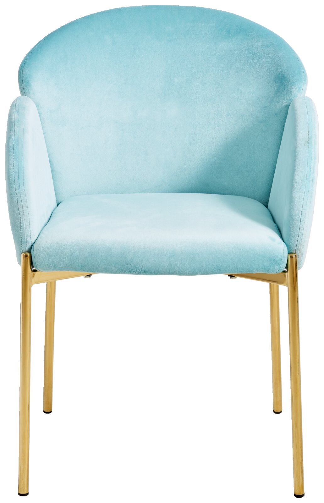 Elegante fauteuil met lichtblauwe fluwelen bekleding en gouden poten, vooraanzicht