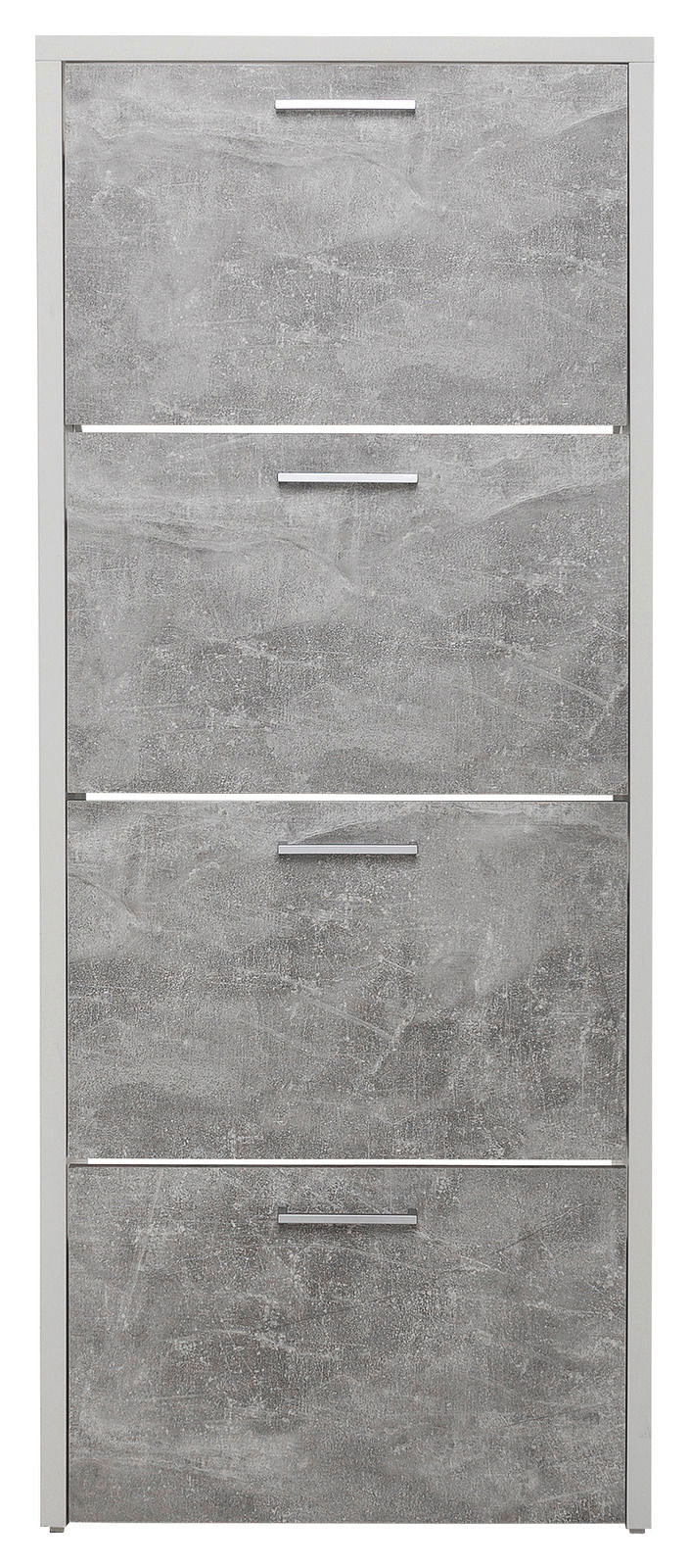 Frontansicht eines grauen Schuhkippers mit vier Klappen und modernen Griffen.