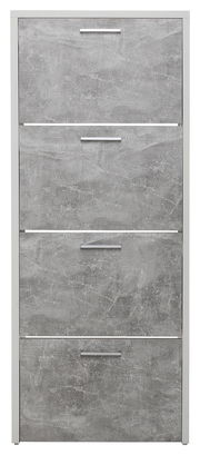 Frontansicht eines grauen Schuhkippers mit vier Klappen und modernen Griffen.