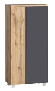Moderner Midischrank 65 cm mit Holzoptik und grauer Tür, Frontalansicht