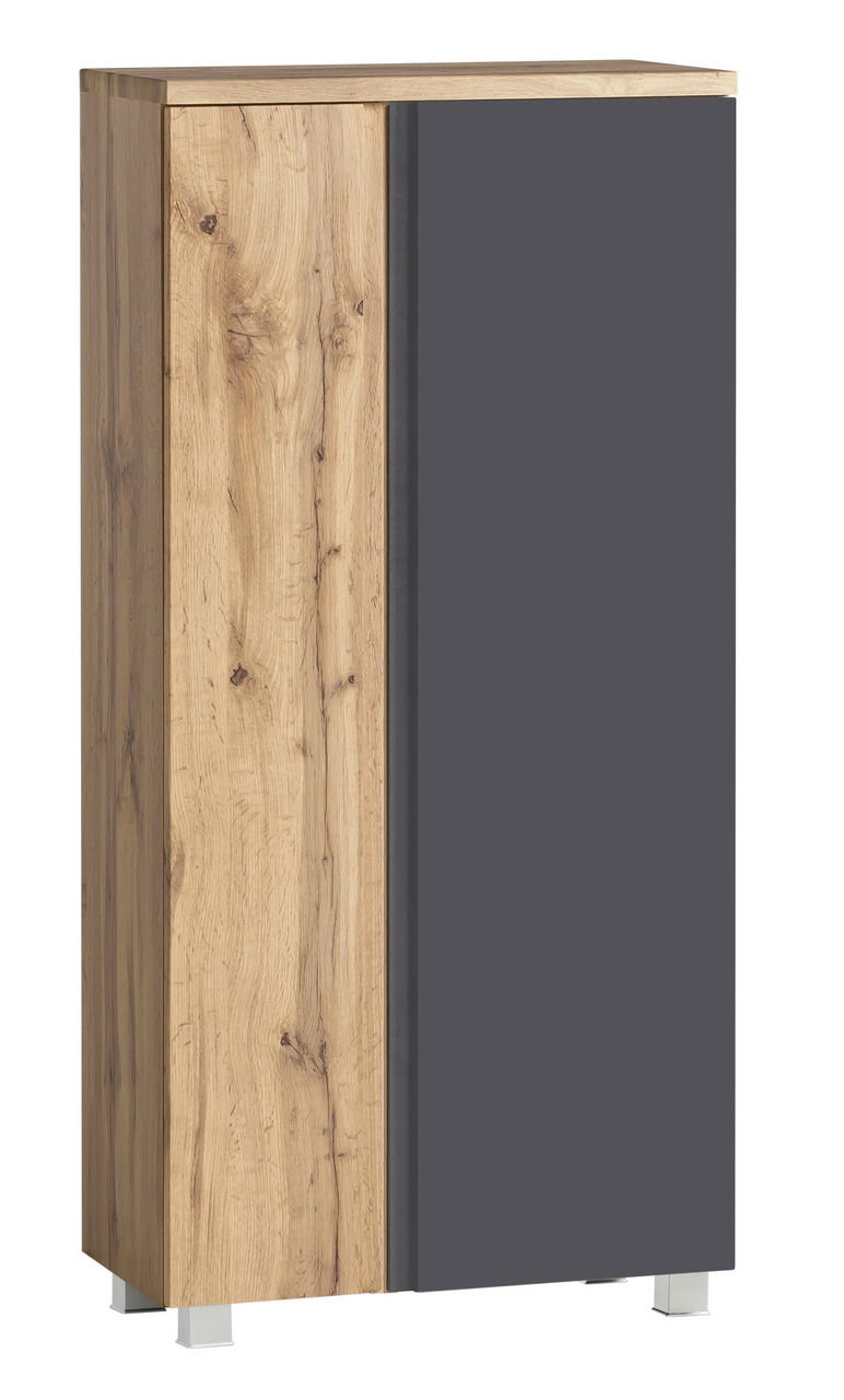 Moderner Midischrank 65 cm mit Holzoptik und grauer Tür, Frontalansicht