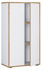 Zweiflügeliger Kleiderschrank in Weiß mit Holzrahmen und leicht geöffneter Tür, Innenfächer sichtbar, Ansicht schräg von vorne