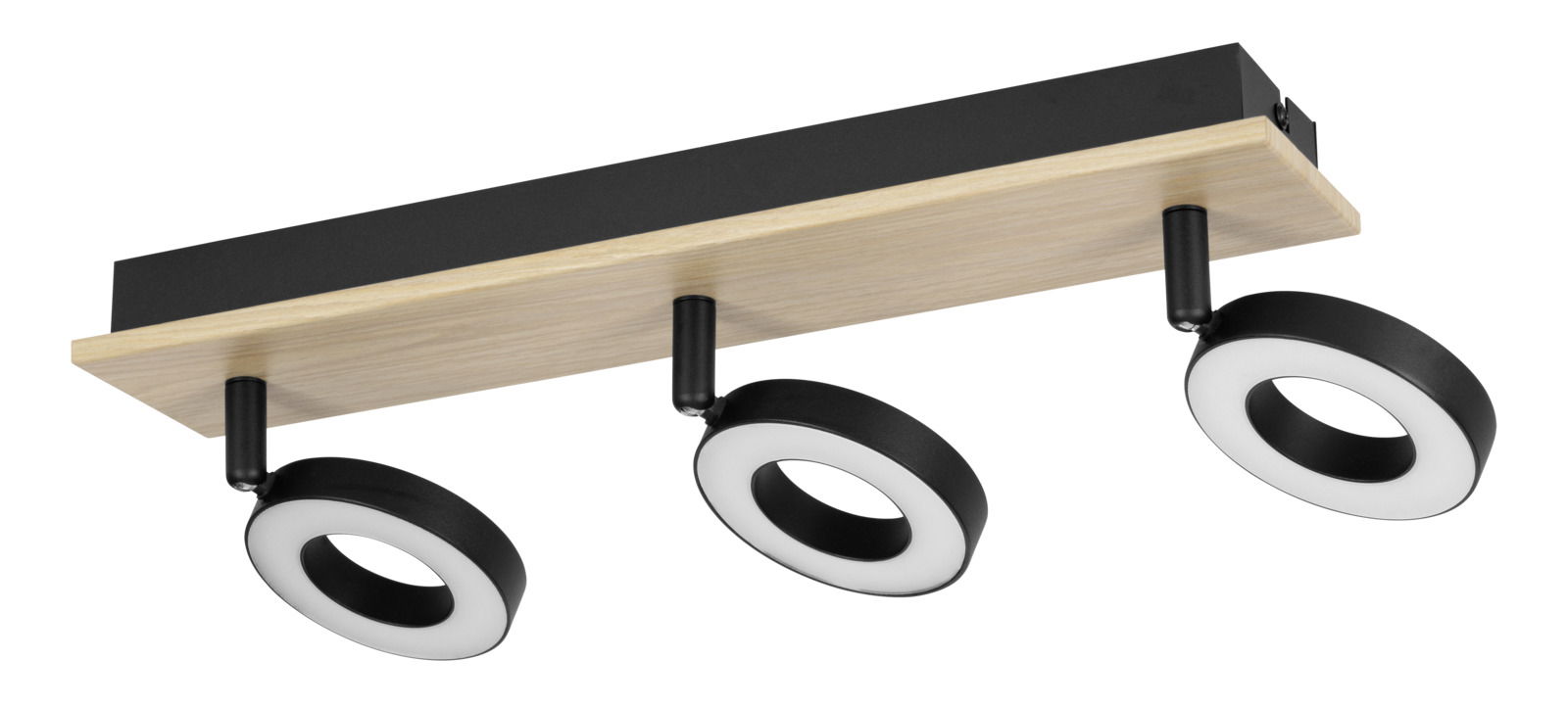 Dreifacher Deckenstrahler mit schwarzem und holzfarbenem Design, seitliche Perspektive