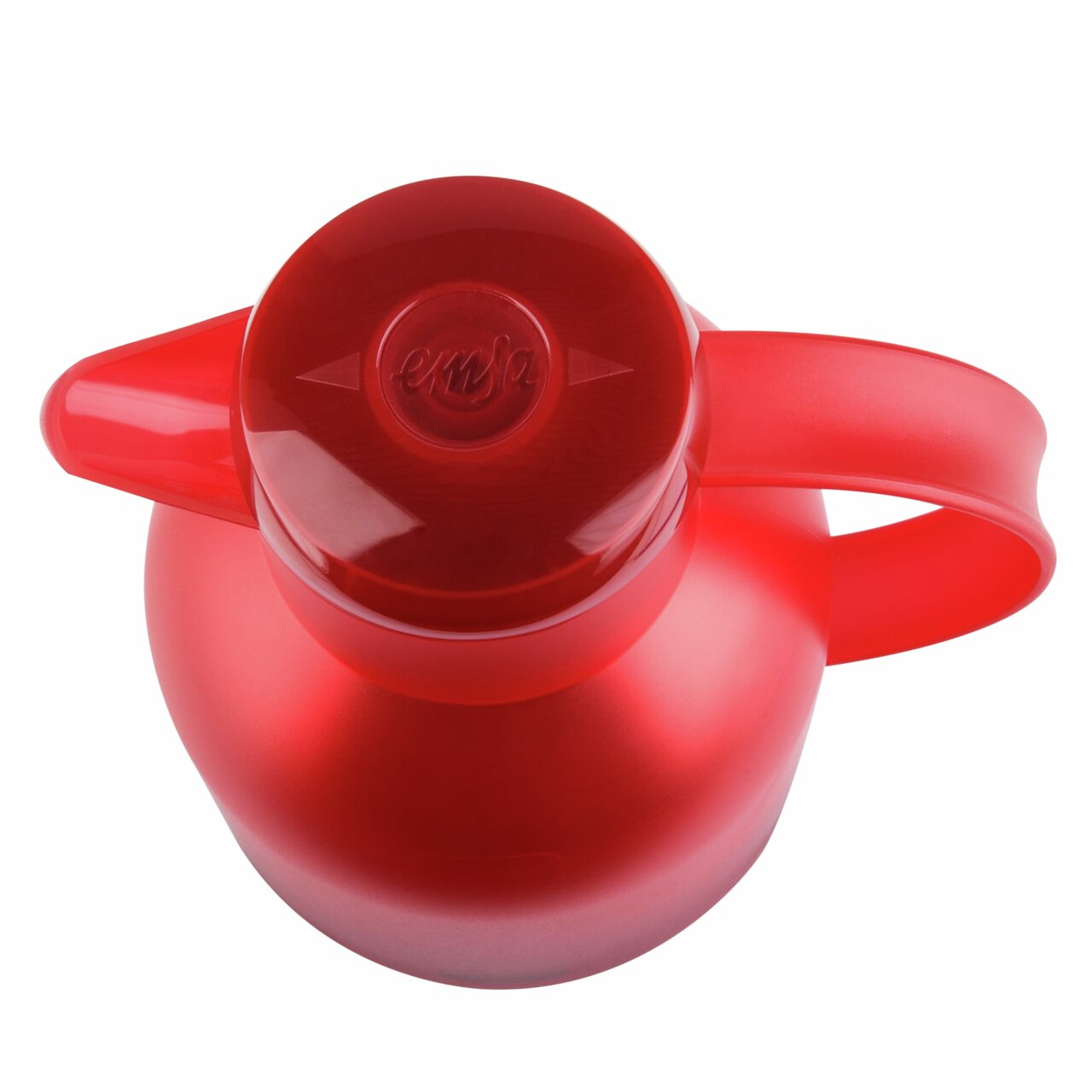 De rode thermoskan SAMBA gezien vanuit vogelperspectief, met ergonomische handgreep en glanzend deksel.