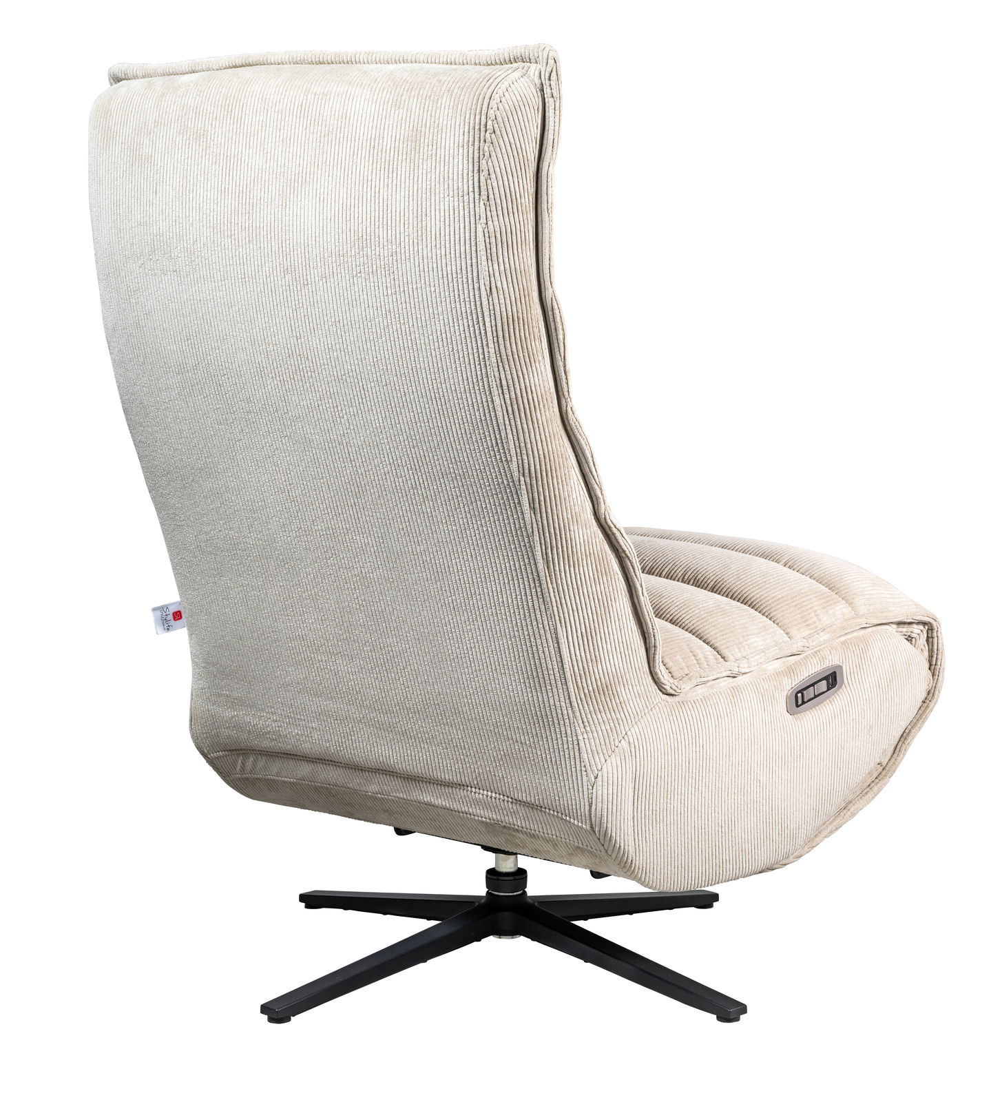 Rückansicht einer beige Relaxliege mit Drehfuß und geripptem Stoffbezug.