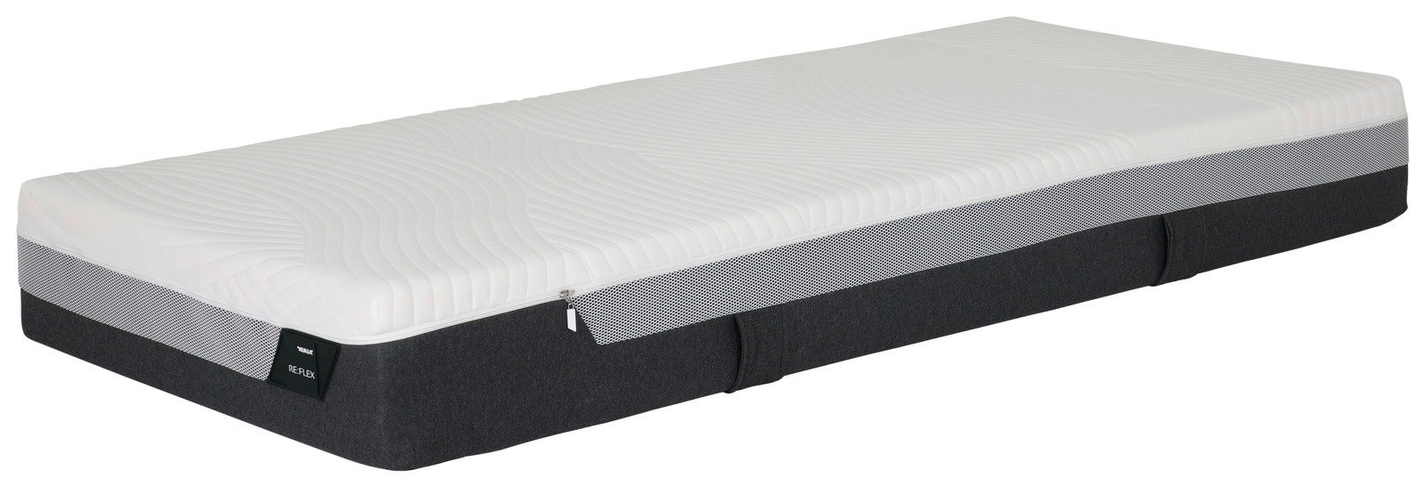 Seitliche Ansicht einer Taschenfederkernmatratze mit weißer Oberseite und dunklem Unterteil.