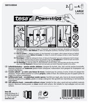 Verpackung der tesa Powerstrips Haken Large, Vorderansicht, zeigt Anweisungen zur Befestigung und Entfernung, geeignet für glatte Oberflächen, maximale Tragkraft 2 kg.