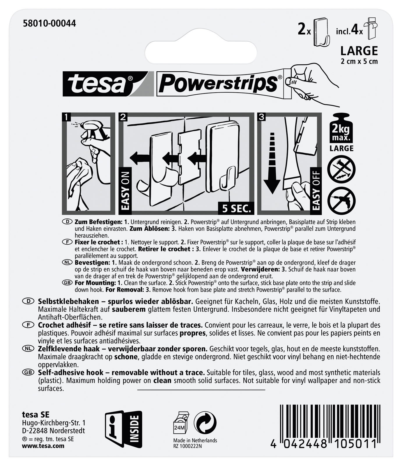 Verpackung der tesa Powerstrips Haken Large, Vorderansicht, zeigt Anweisungen zur Befestigung und Entfernung, geeignet für glatte Oberflächen, maximale Tragkraft 2 kg.