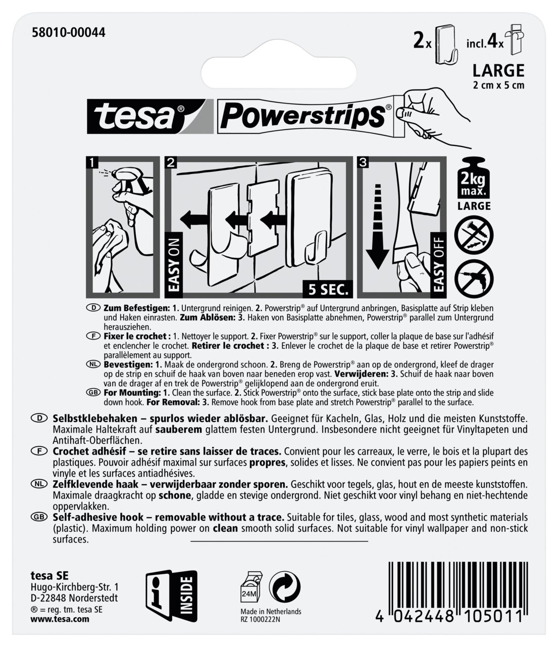 Verpakking van de tesa Powerstrips-haken Large, vooraanzicht, met instructies voor het bevestigen en verwijderen, geschikt voor gladde oppervlakken, maximaal draagvermogen 2 kg.
