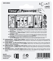 Verpakking van de tesa Powerstrips-haken Large, vooraanzicht, met instructies voor het bevestigen en verwijderen, geschikt voor gladde oppervlakken, maximaal draagvermogen 2 kg.