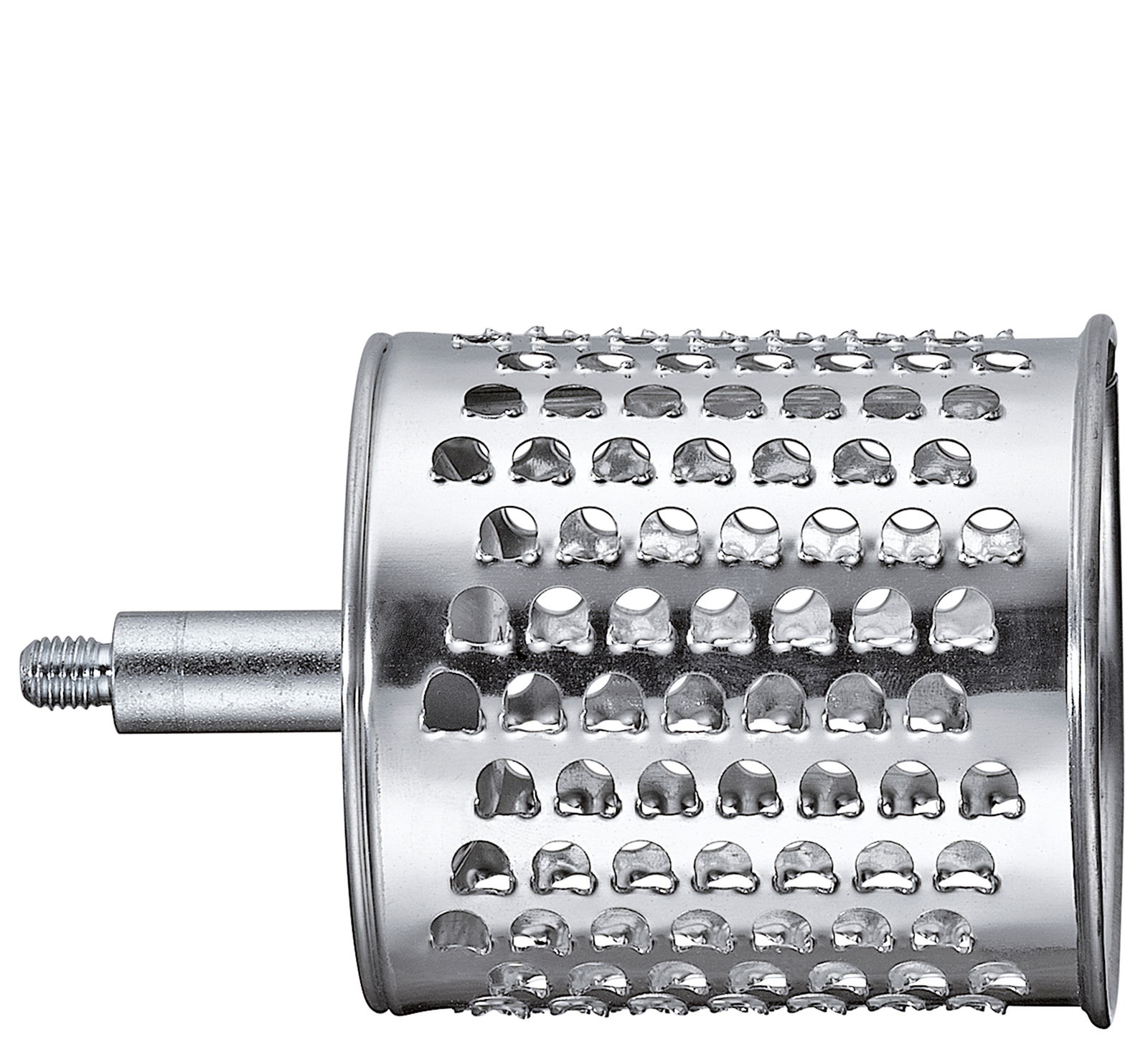 Seitliche Ansicht einer silbernen Trommelreibe mit Lochmuster und Befestigungsstift.