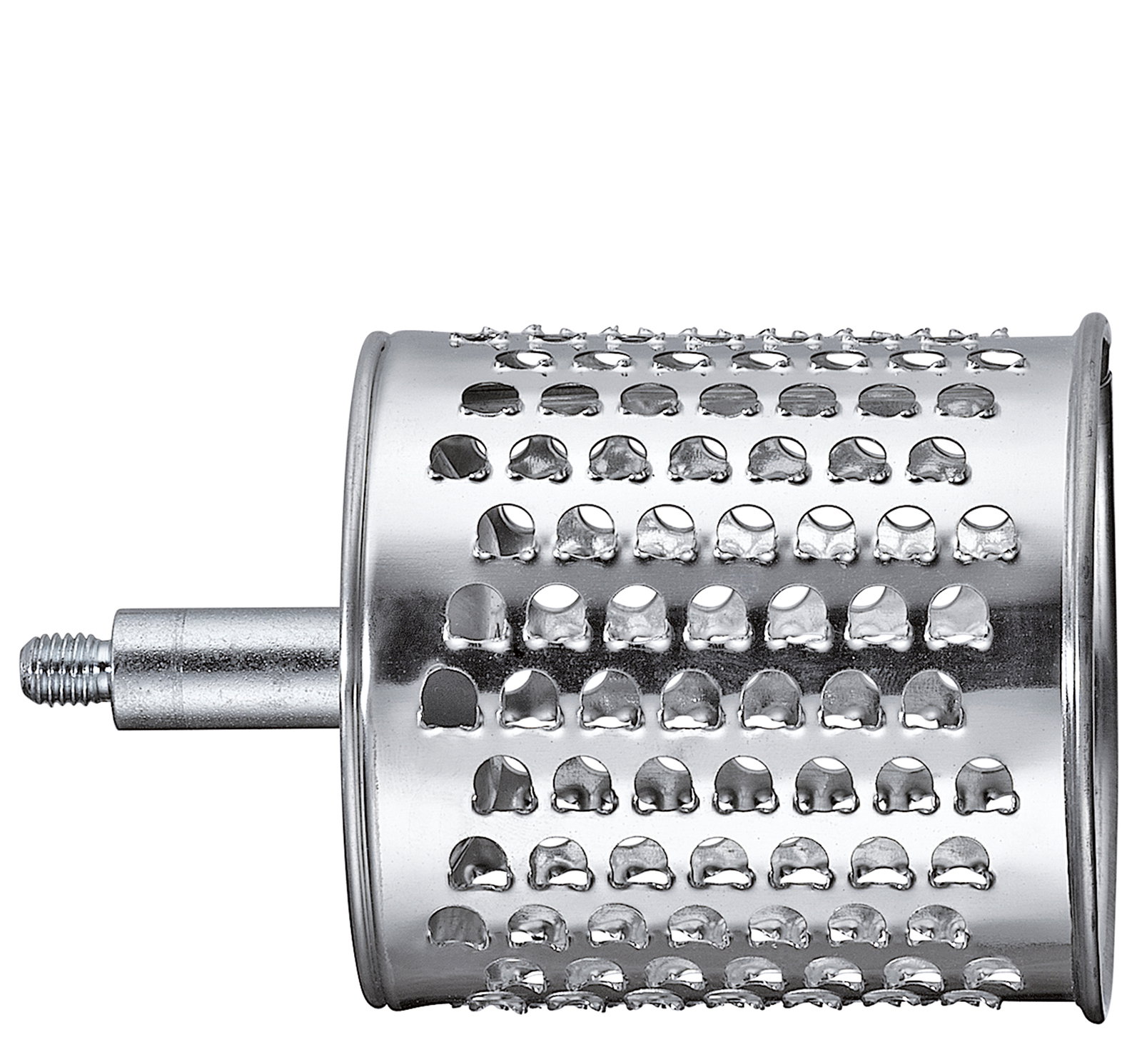 Seitliche Ansicht einer silbernen Trommelreibe mit Lochmuster und Befestigungsstift.