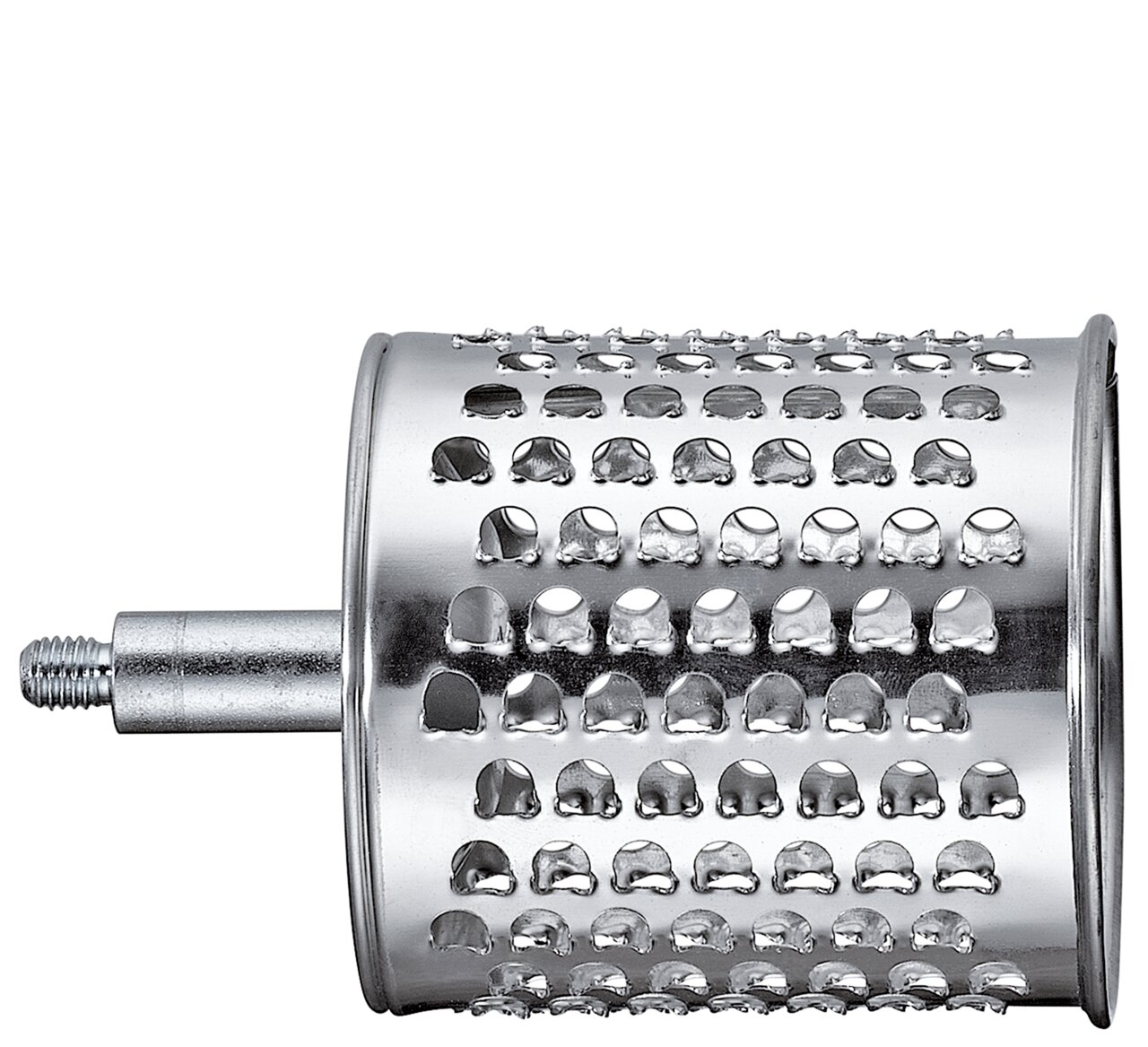 Seitliche Ansicht einer silbernen Trommelreibe mit Lochmuster und Befestigungsstift.