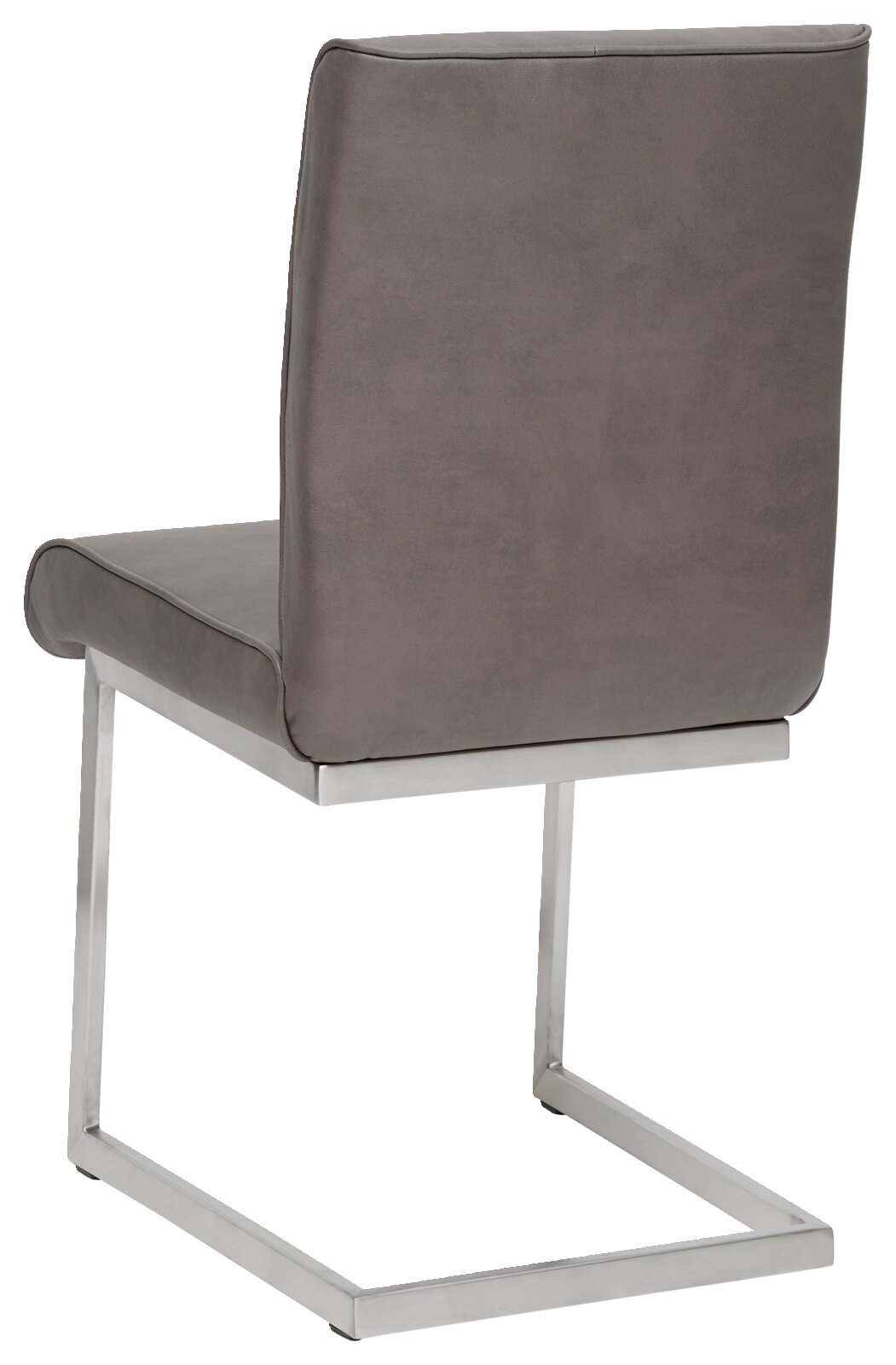 Achterkant van een zweefstoel met grijze bekleding en metalen frame.