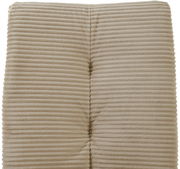 Nahaufnahme eines beige gestreiften Polsterbezugs eines Schwingstuhls, von oben betrachtet.