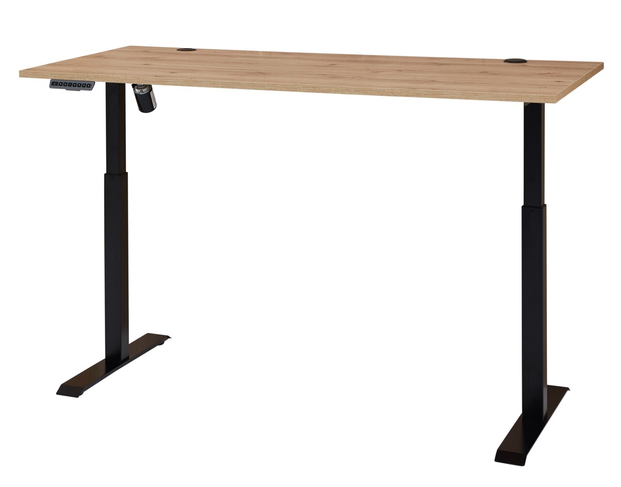 Elektrisch höhenverstellbarer Schreibtisch aus Melamin mit schwarzem Gestell, seitliche Perspektive
