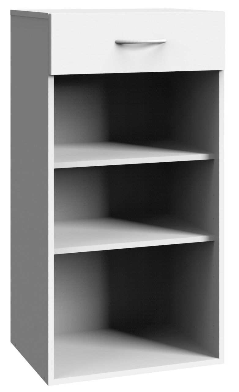 Weißes, niedriges Regal mit drei offenen Fächern und einer Schublade oben, seitliche Perspektive