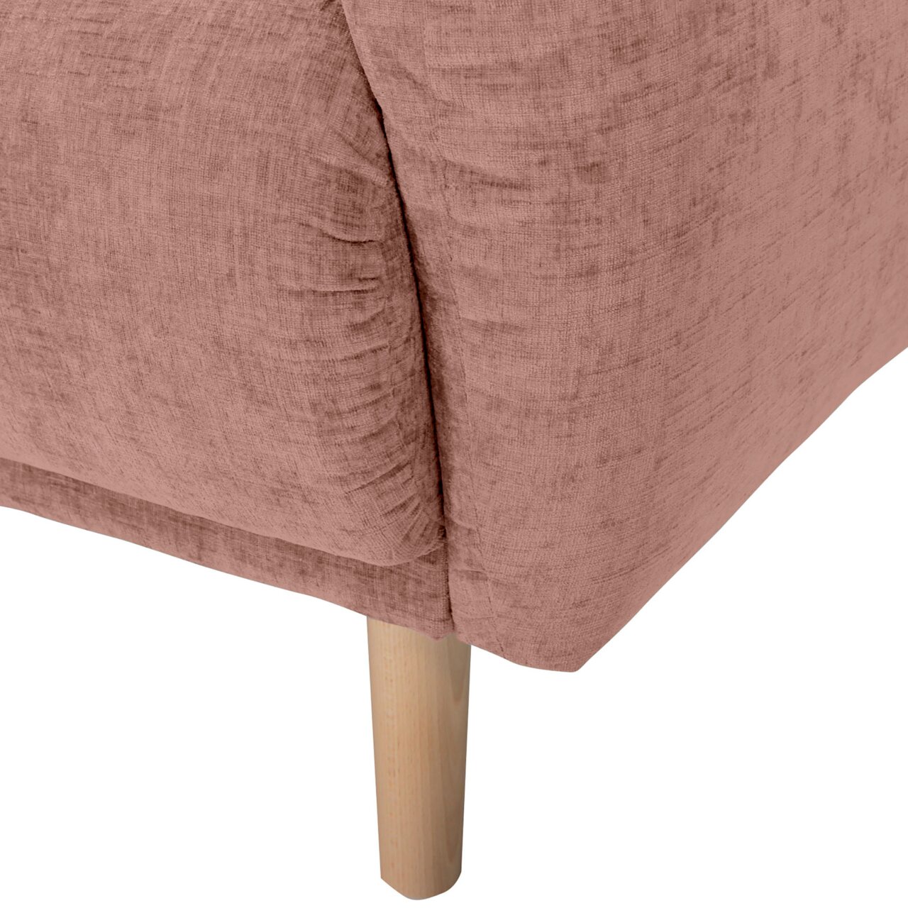 Nahaufnahme einer Rundecke mit rosa Stoffbezug und hellem Holzbein, Perspektive von der Seite.
