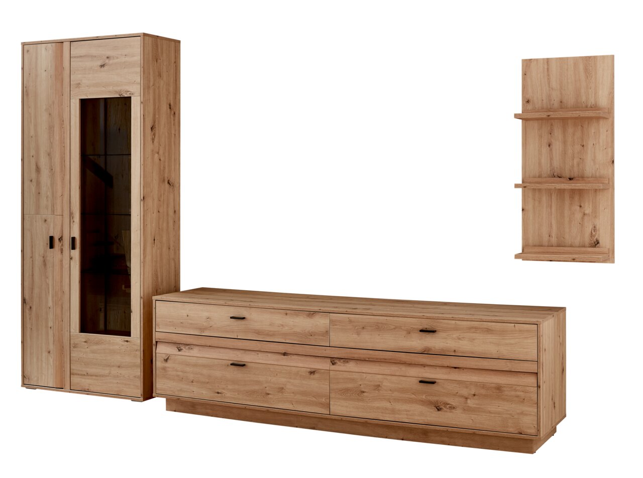 Wandkombination aus Holz mit einem hohen Schrank, einer langen Kommode und einem Wandregal, frontal betrachtet.